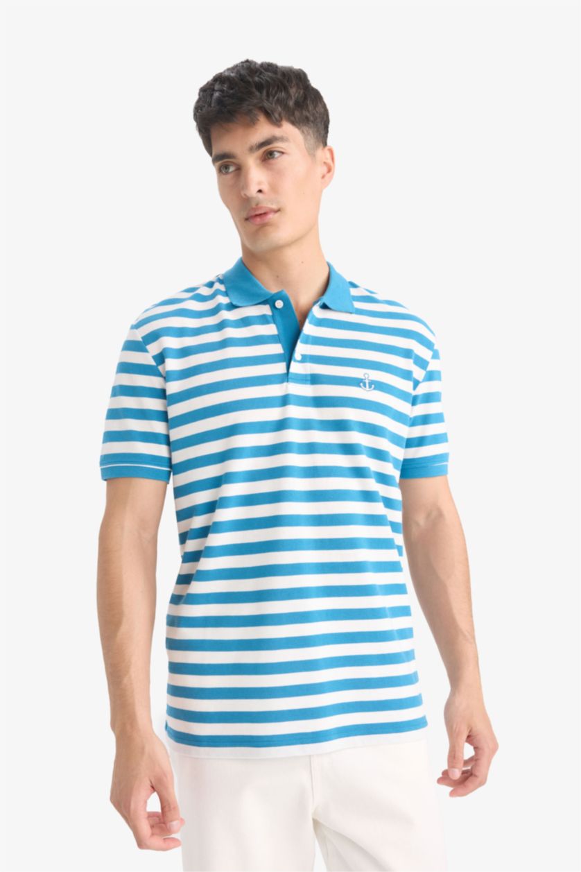 Erkek Mavi %100 Pamuk Regular Fit Polo Yaka Kısa Kollu Çizgili Nakışlı Pike Tişört