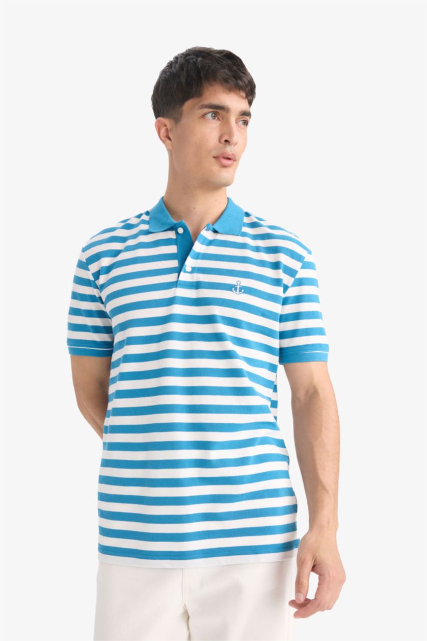 Erkek Mavi %100 Pamuk Regular Fit Polo Yaka Kısa Kollu Çizgili Nakışlı Pike Tişört