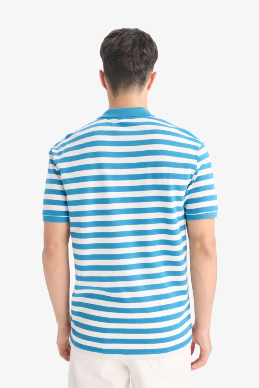 Erkek Mavi %100 Pamuk Regular Fit Polo Yaka Kısa Kollu Çizgili Nakışlı Pike Tişört