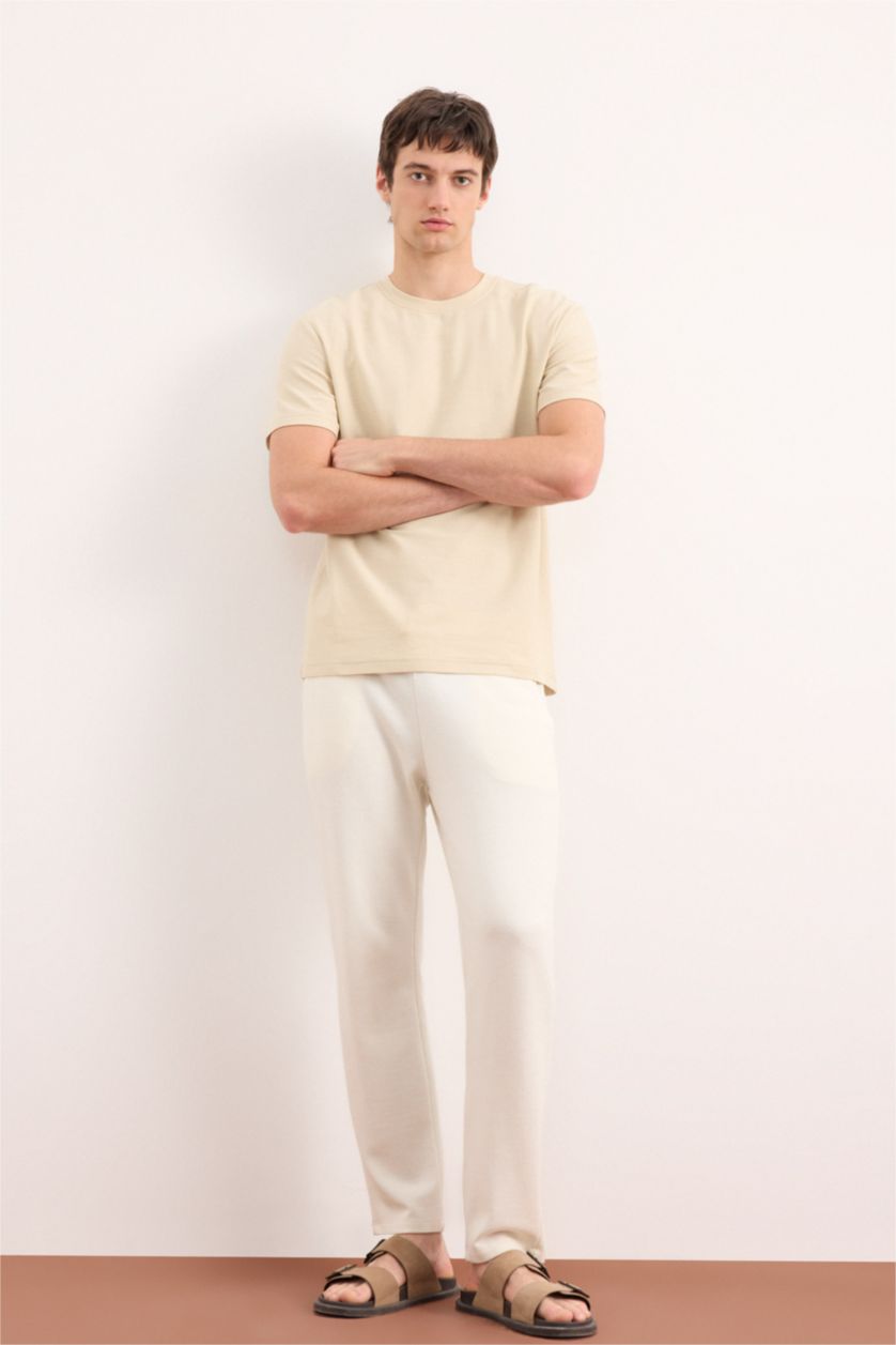 Erkek Taş Regular Fit Bisiklet Yaka Kısa Kollu Dokulu Twill Tişört