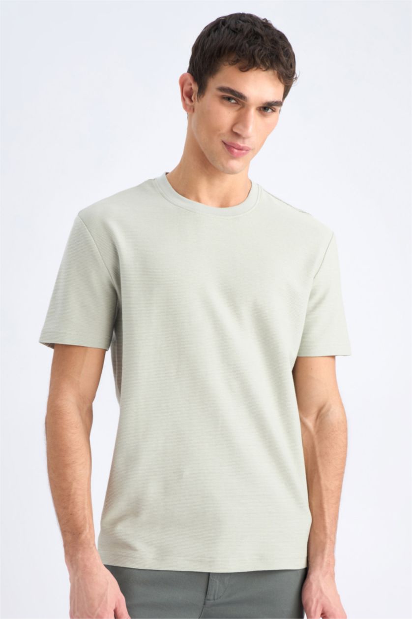 Erkek Mint Regular Fit Bisiklet Yaka Kısa Kollu Dokulu Çapraz Dokuma Tişört
