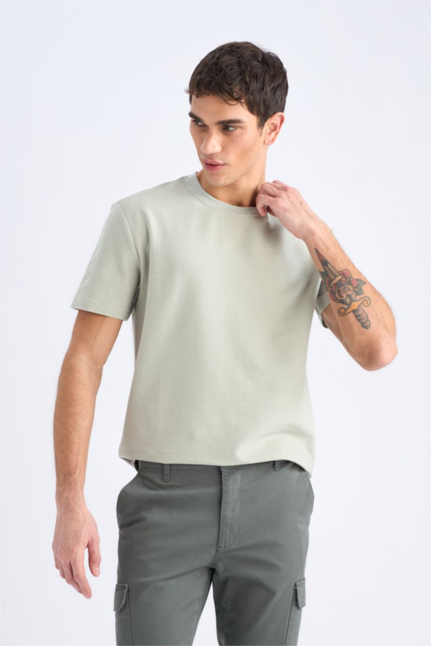 Erkek Mint Regular Fit Bisiklet Yaka Kısa Kollu Dokulu Çapraz Dokuma Tişört