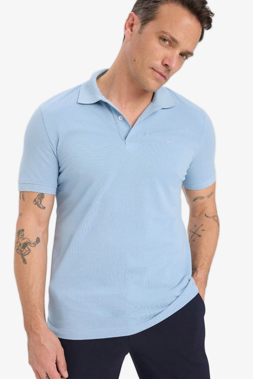 Erkek Mavi %100 Pamuk Slim Fit Polo Tişört