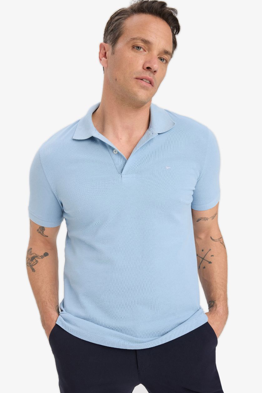 Erkek Mavi %100 Pamuk Slim Fit Polo Tişört