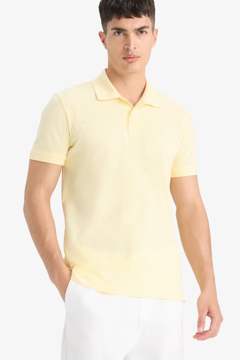 Erkek Açık Sarı %100 Pamuk Slim Fit Polo Tişört