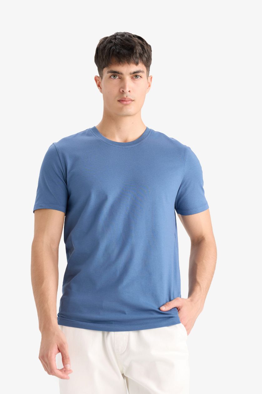 Erkek İndigo Slim Fit Dar Kesim Bisiklet Yaka Esnek Kumaş Kısa Kollu Tişört