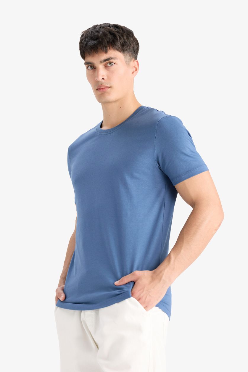 Erkek İndigo Slim Fit Dar Kesim Bisiklet Yaka Esnek Kumaş Kısa Kollu Tişört