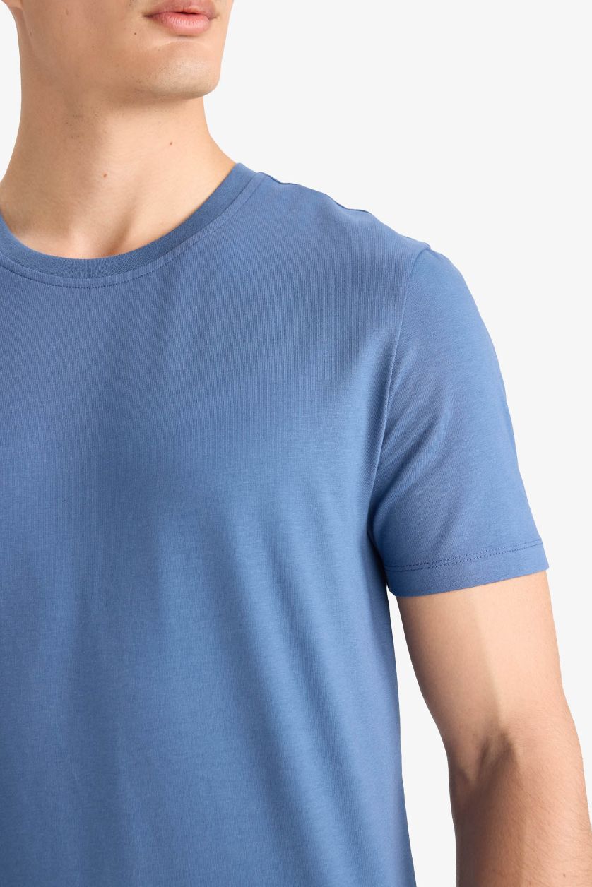 Erkek İndigo Slim Fit Dar Kesim Bisiklet Yaka Esnek Kumaş Kısa Kollu Tişört