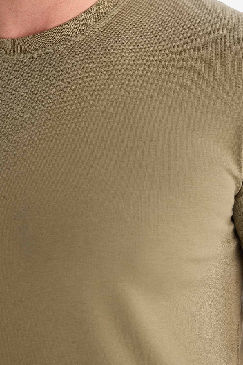 Erkek Açık Haki Slim Fit Dar Kesim Bisiklet Yaka Esnek Kumaş Kısa Kollu Tişört