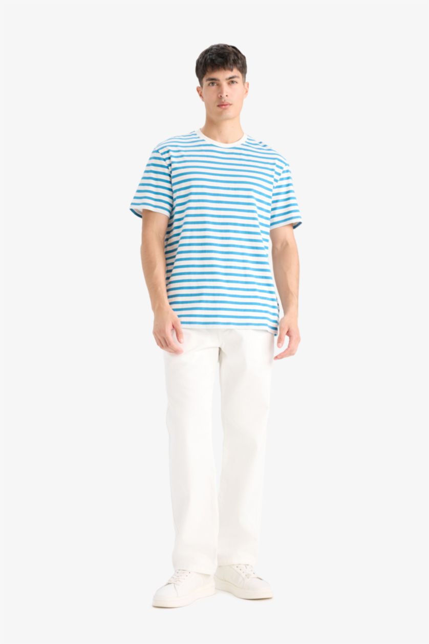 MAN Blue Cotton Regular Fit Crew Neck Cotton Striped T-Shirt