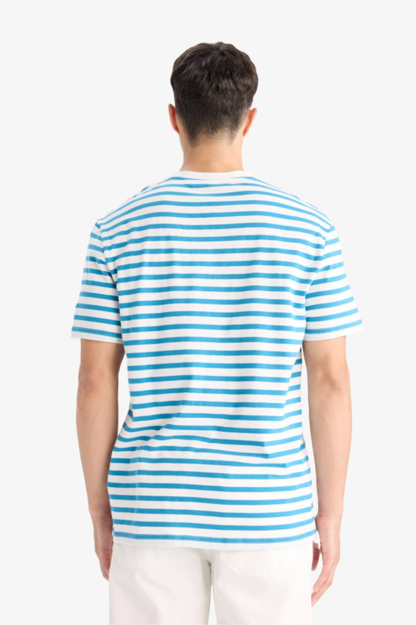 MAN Blue Cotton Regular Fit Crew Neck Cotton Striped T-Shirt