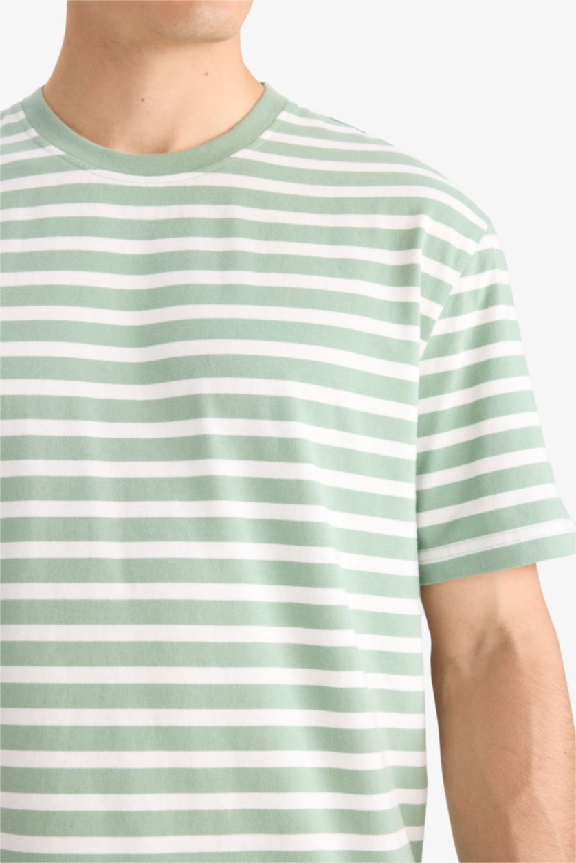 Erkek Açık Yeşil %100 Pamuk Regular Fit Bisiklet Yaka Kısa Kollu Çizgili Tişört