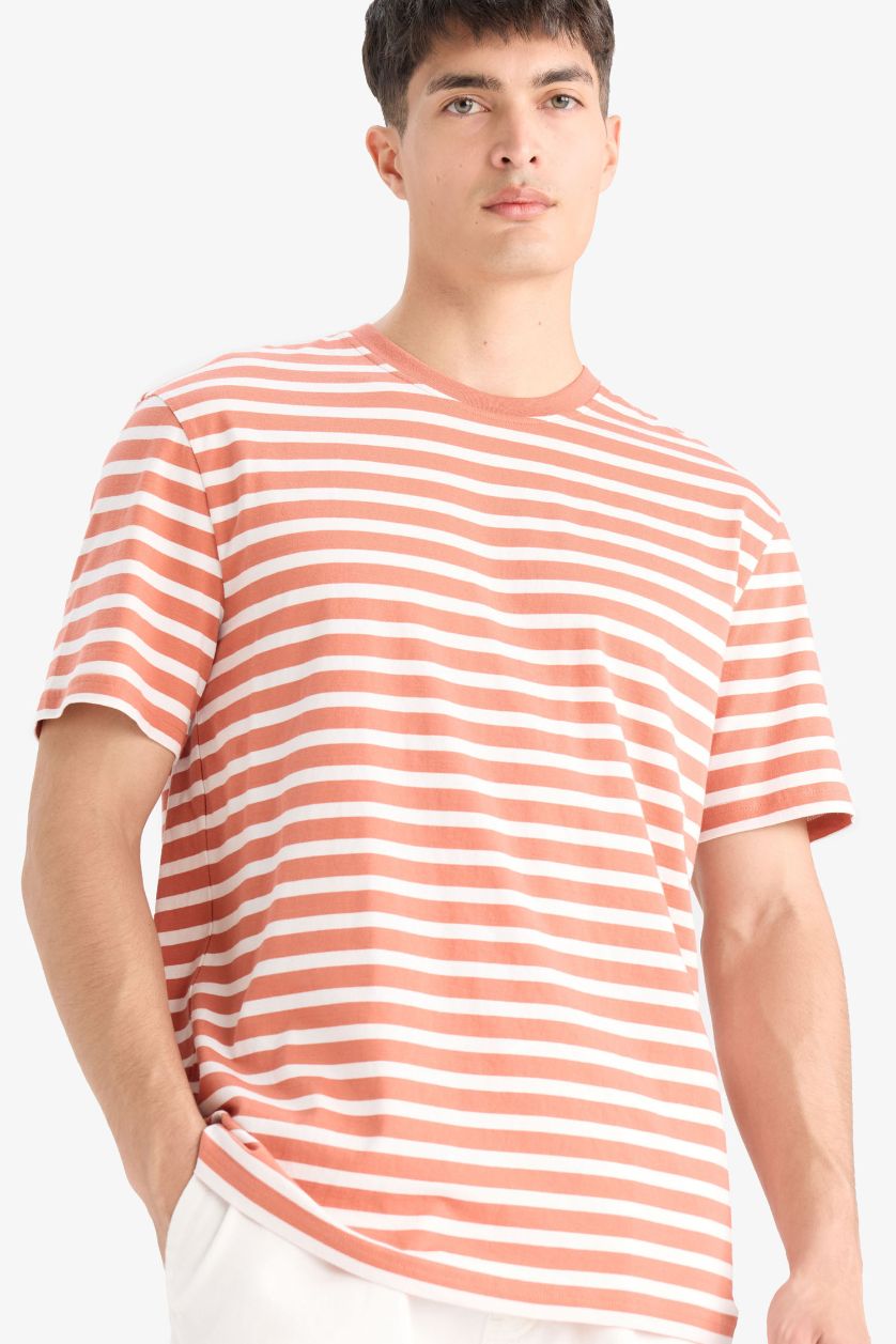 Erkek Turuncu %100 Pamuk Regular Fit Bisiklet Yaka Kısa Kollu Çizgili Tişört