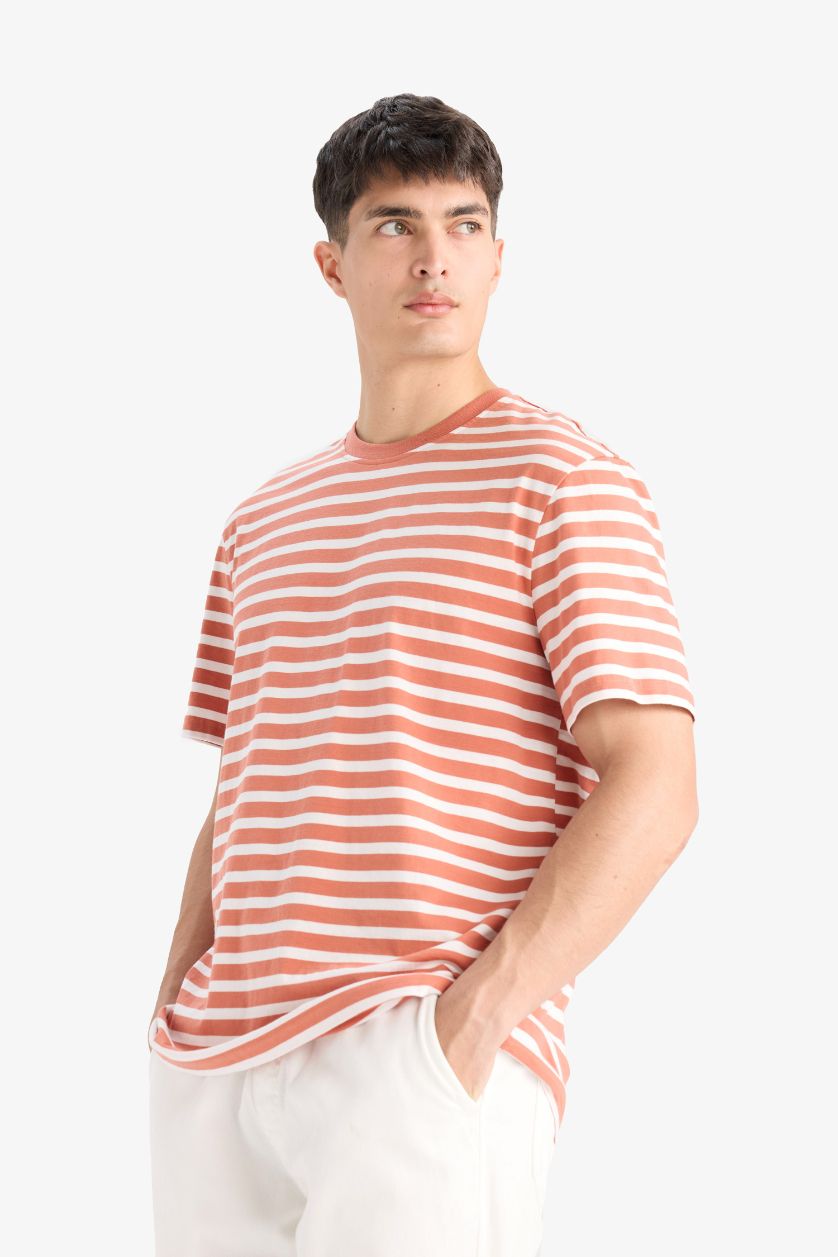 Erkek Turuncu %100 Pamuk Regular Fit Bisiklet Yaka Kısa Kollu Çizgili Tişört
