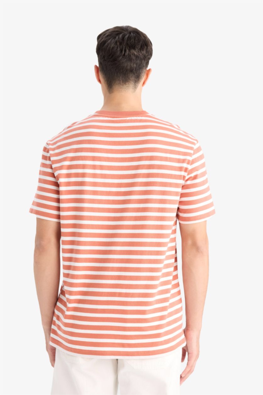 Erkek Turuncu %100 Pamuk Regular Fit Bisiklet Yaka Kısa Kollu Çizgili Tişört
