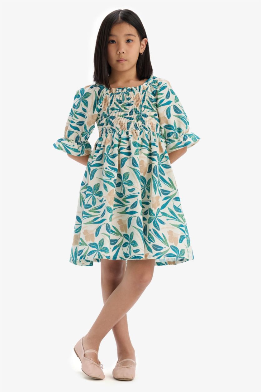 بنات بيج فستان قطن نص ردن