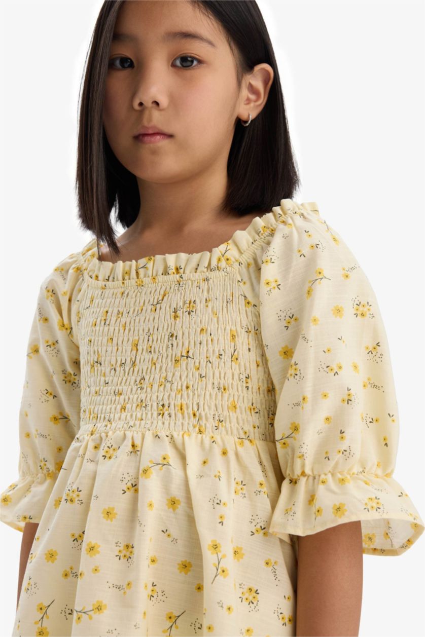 Kız Çocuk - Genç Kız Açık Sarı Desenli Pamuklu Kısa Kollu Yazlık Elbise Kız Çocuk