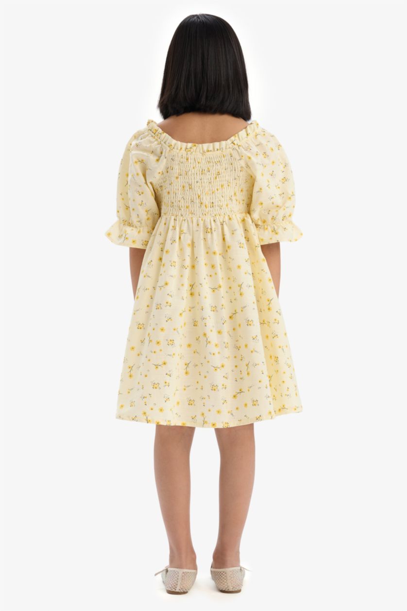 Kız Çocuk - Genç Kız Açık Sarı Desenli Pamuklu Kısa Kollu Yazlık Elbise Kız Çocuk
