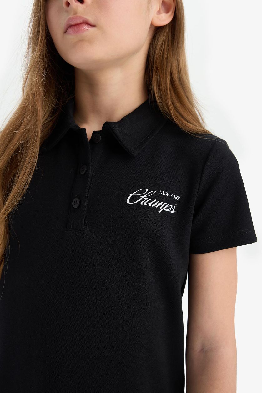 بنات أسود فستان بنات مطبوعة برقبة بولو و أكمام قصيرة