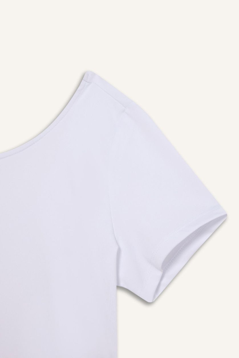 Kadın Beyaz Crop Bisiklet Yaka Sporcu Kısa Kollu Tişört