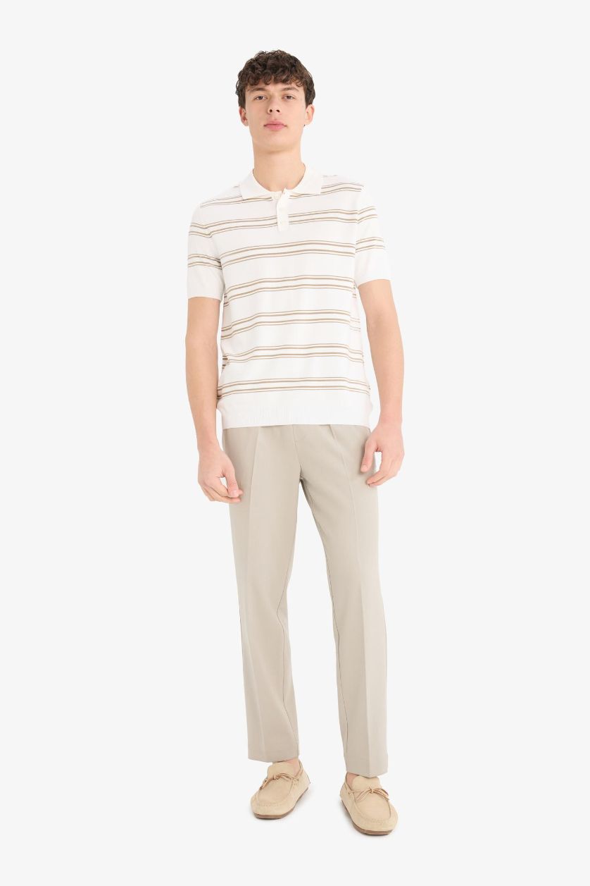 Erkek Ekru Regular Fit Polo Yaka Kısa Kollu Yumuşak Tuşeli Triko Tişört