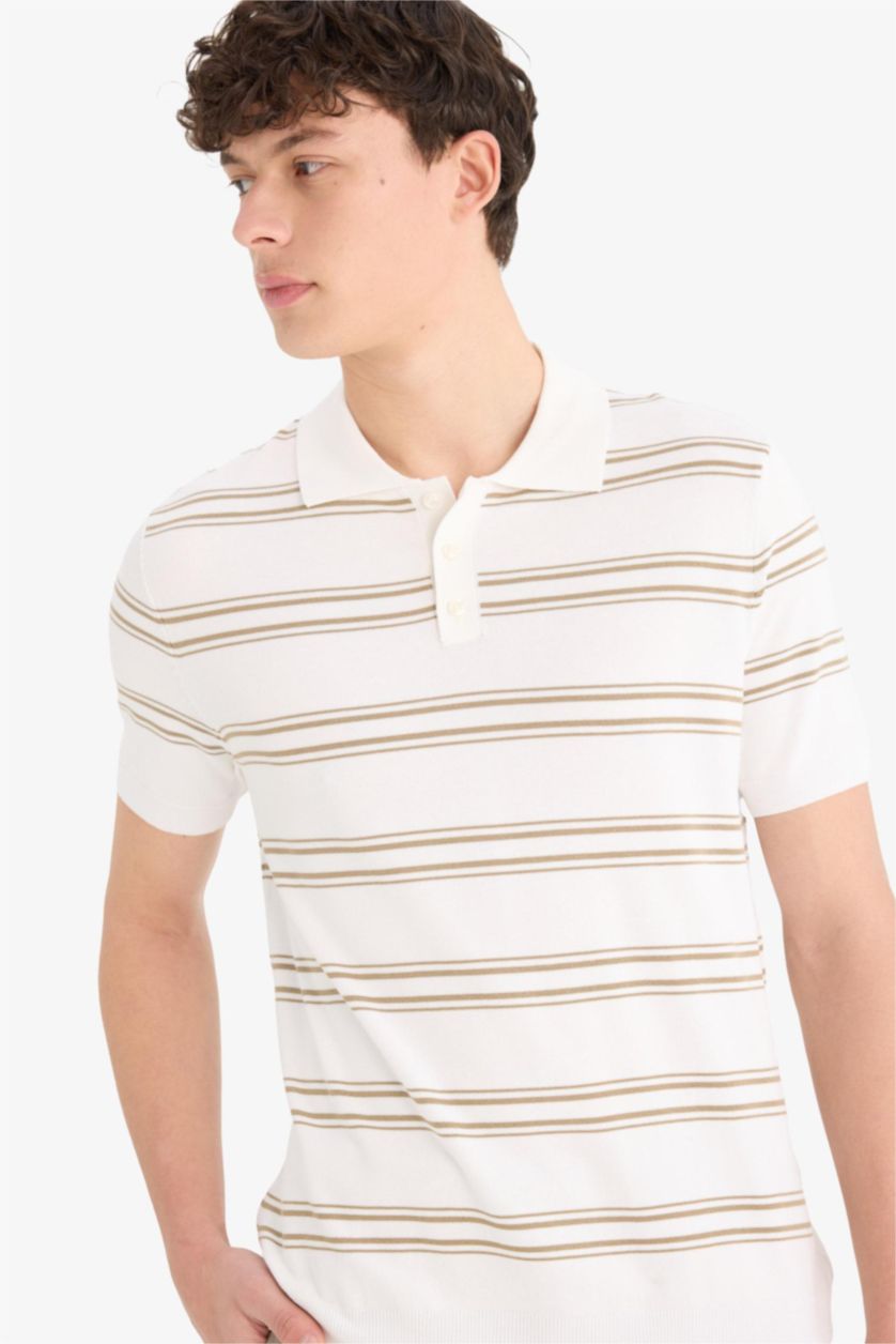 Erkek Ekru Regular Fit Polo Yaka Kısa Kollu Yumuşak Tuşeli Triko Tişört