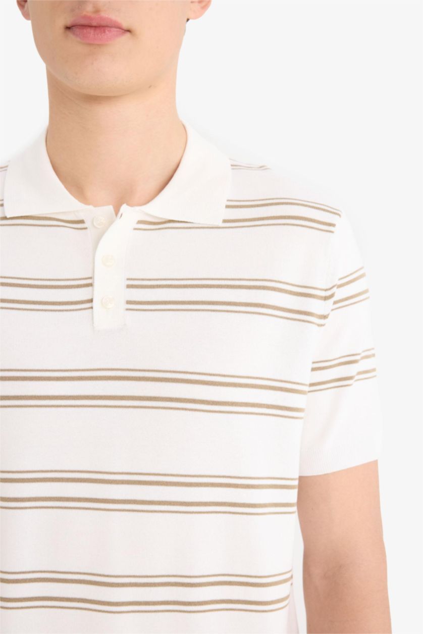 Erkek Ekru Regular Fit Polo Yaka Kısa Kollu Yumuşak Tuşeli Triko Tişört