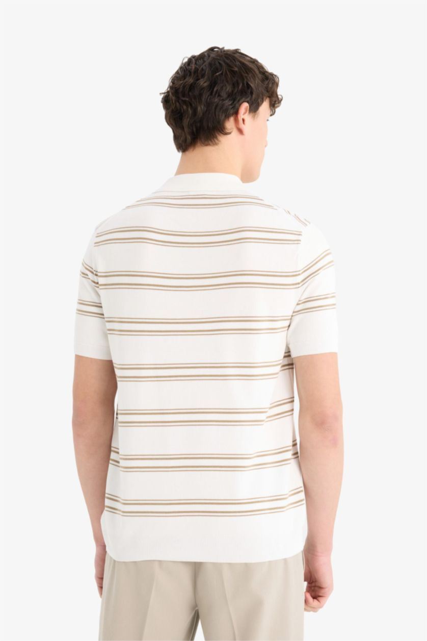 Erkek Ekru Regular Fit Polo Yaka Kısa Kollu Yumuşak Tuşeli Triko Tişört