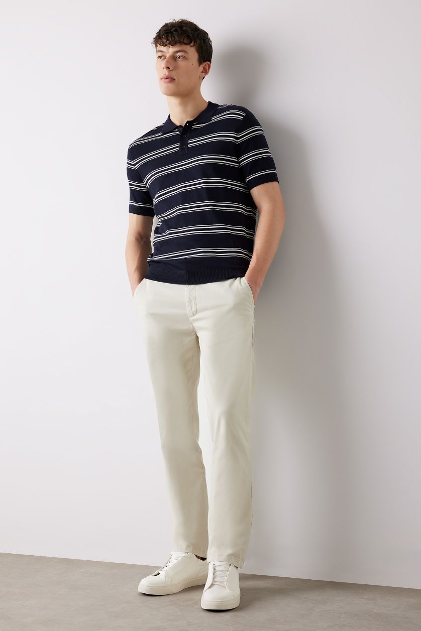 Erkek Lacivert Regular Fit Polo Yaka Çizgili Kısa Kollu Yumuşak Tuşeli Triko Tişört