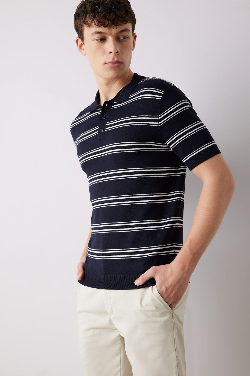 Erkek Lacivert Regular Fit Polo Yaka Çizgili Kısa Kollu Yumuşak Tuşeli Triko Tişört