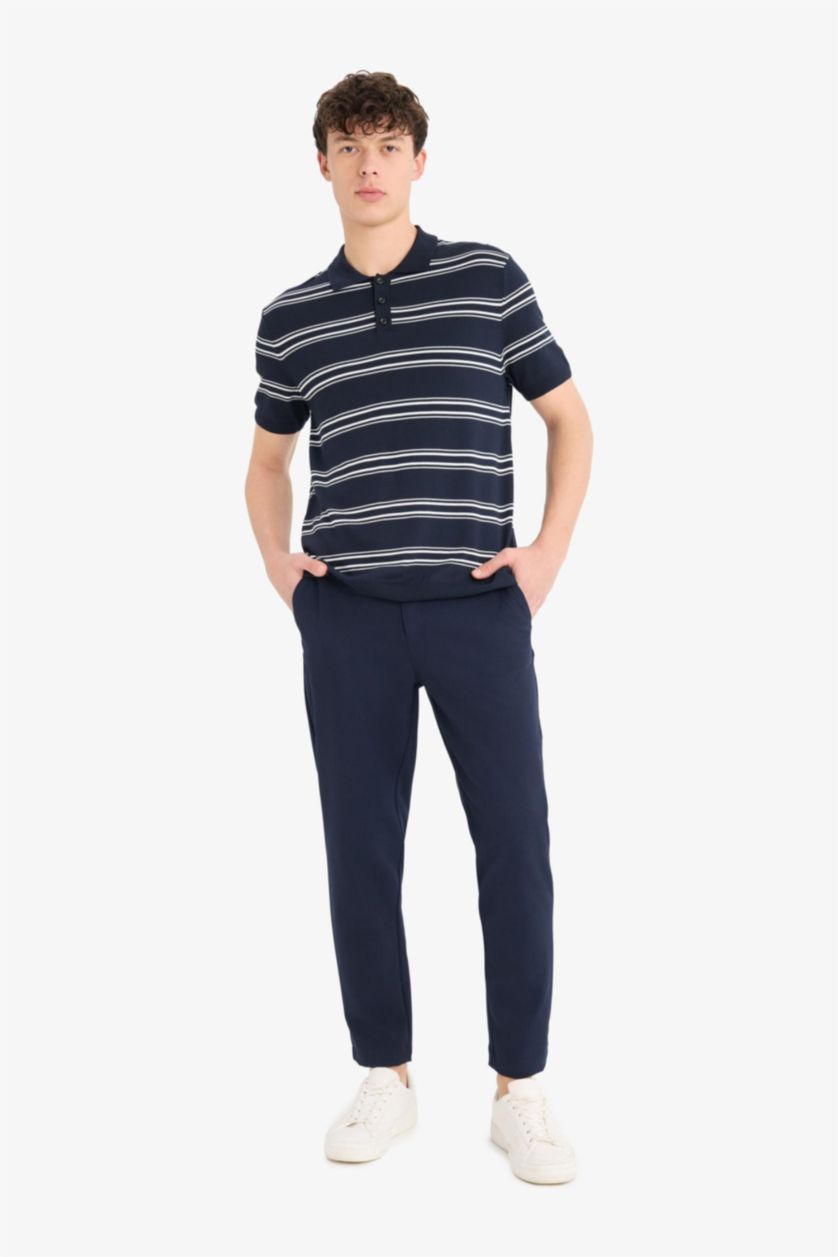 Erkek Lacivert Regular Fit Polo Yaka Çizgili Kısa Kollu Yumuşak Tuşeli Triko Tişört