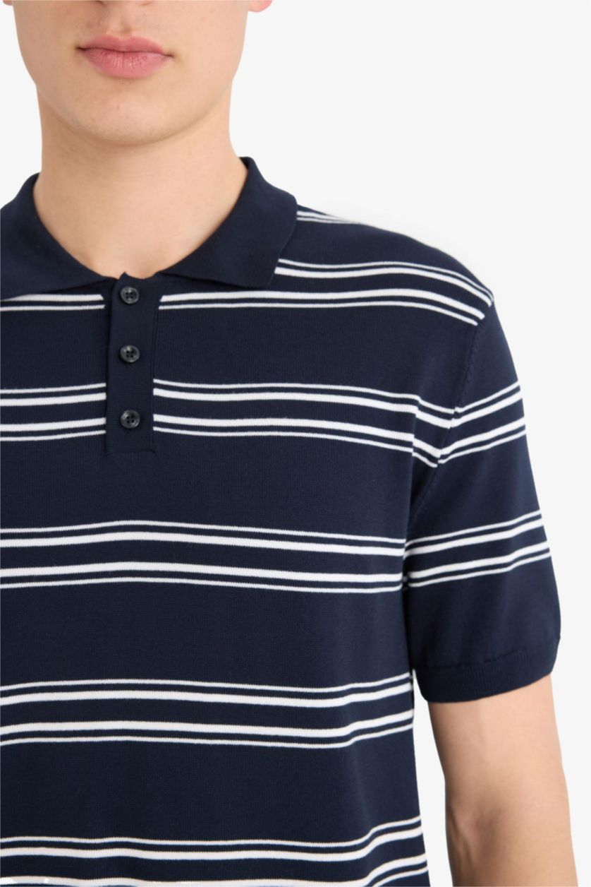 Erkek Lacivert Regular Fit Polo Yaka Çizgili Kısa Kollu Yumuşak Tuşeli Triko Tişört