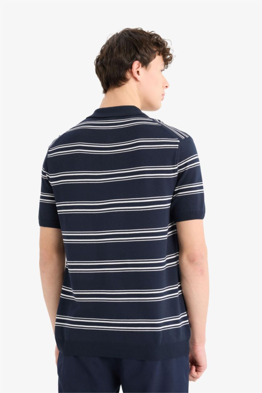 Erkek Lacivert Regular Fit Polo Yaka Çizgili Kısa Kollu Yumuşak Tuşeli Triko Tişört