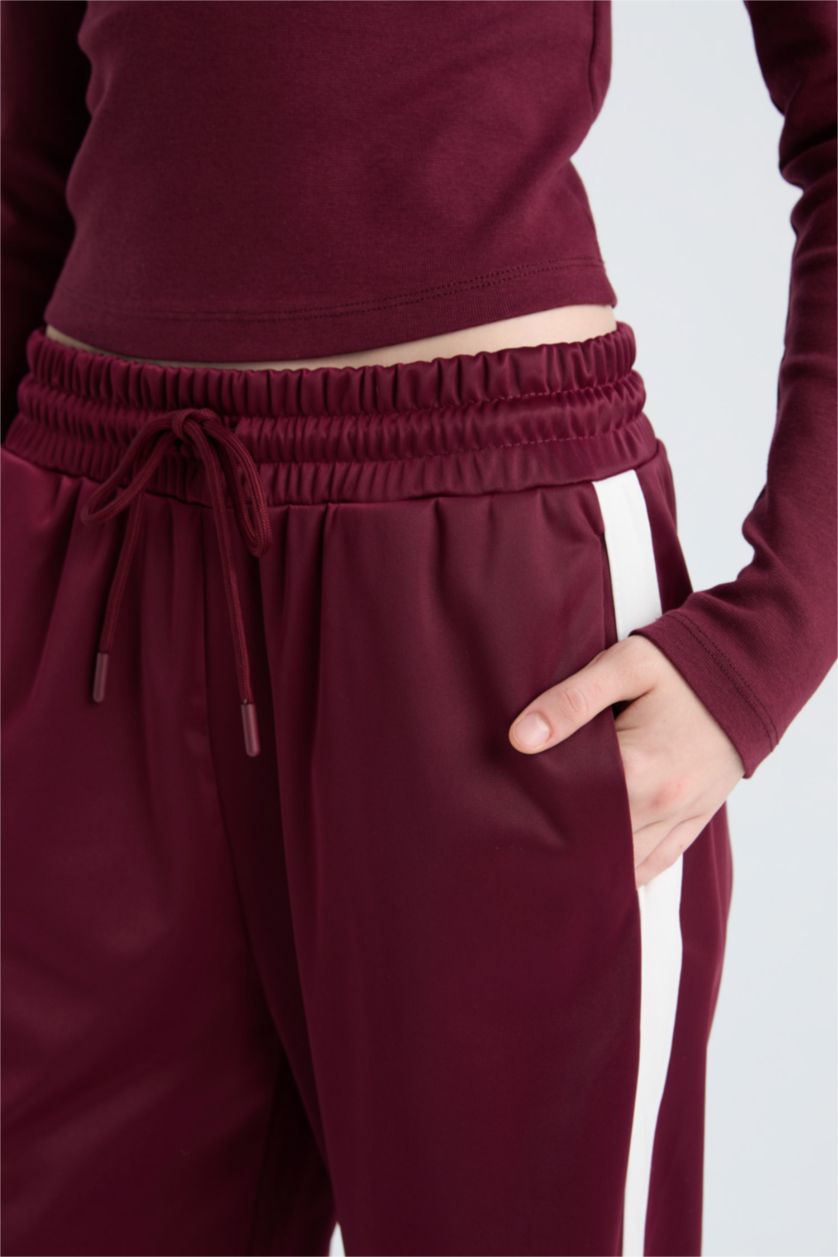 Kadın Bordo Wide Leg Eşofman Altı Geniş Bol Paça Beli Lastikli Cepli Bağcıklı