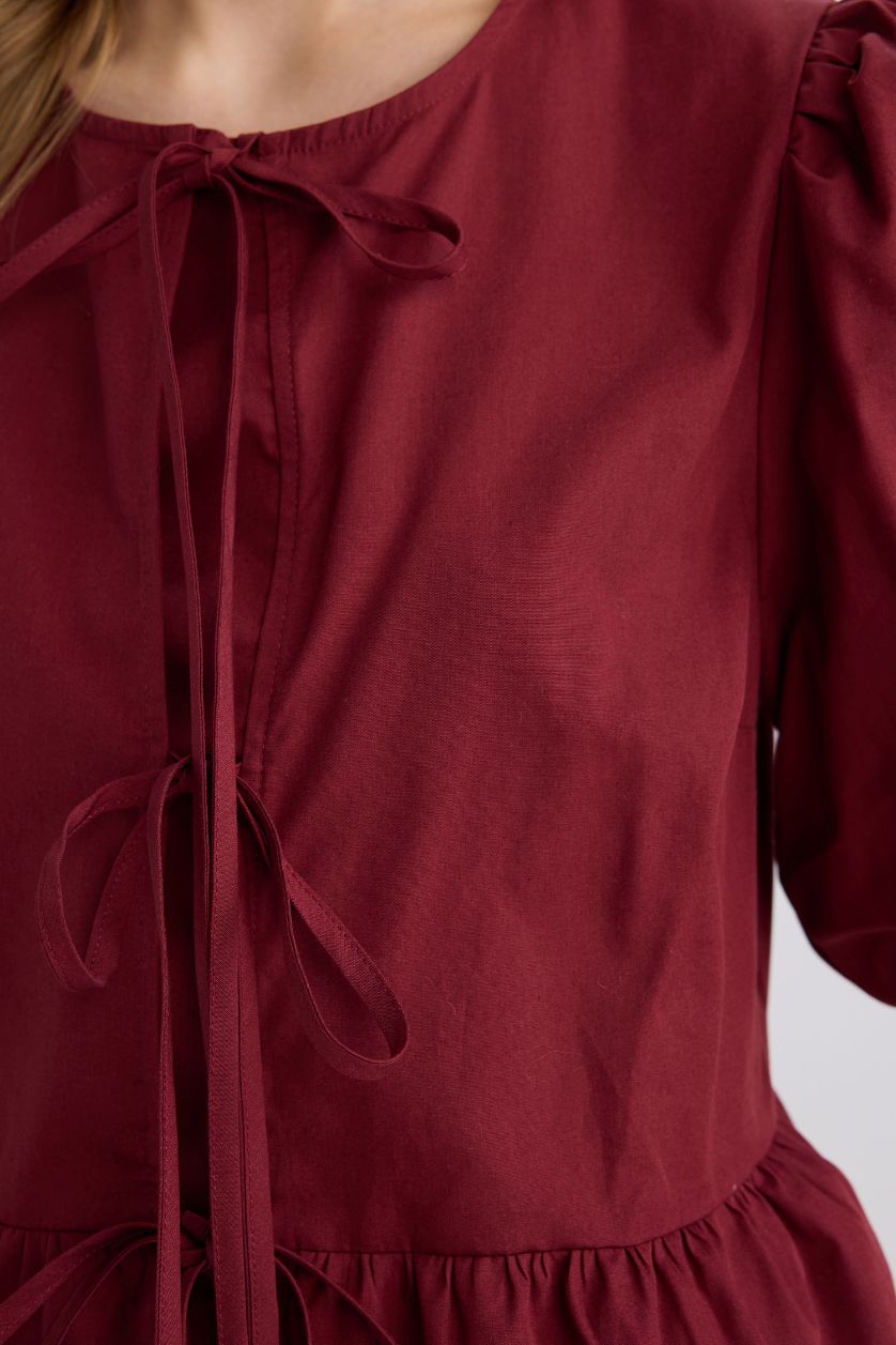 نساء خمري بلوزة نص كم قصة عادية برقبة مدورة