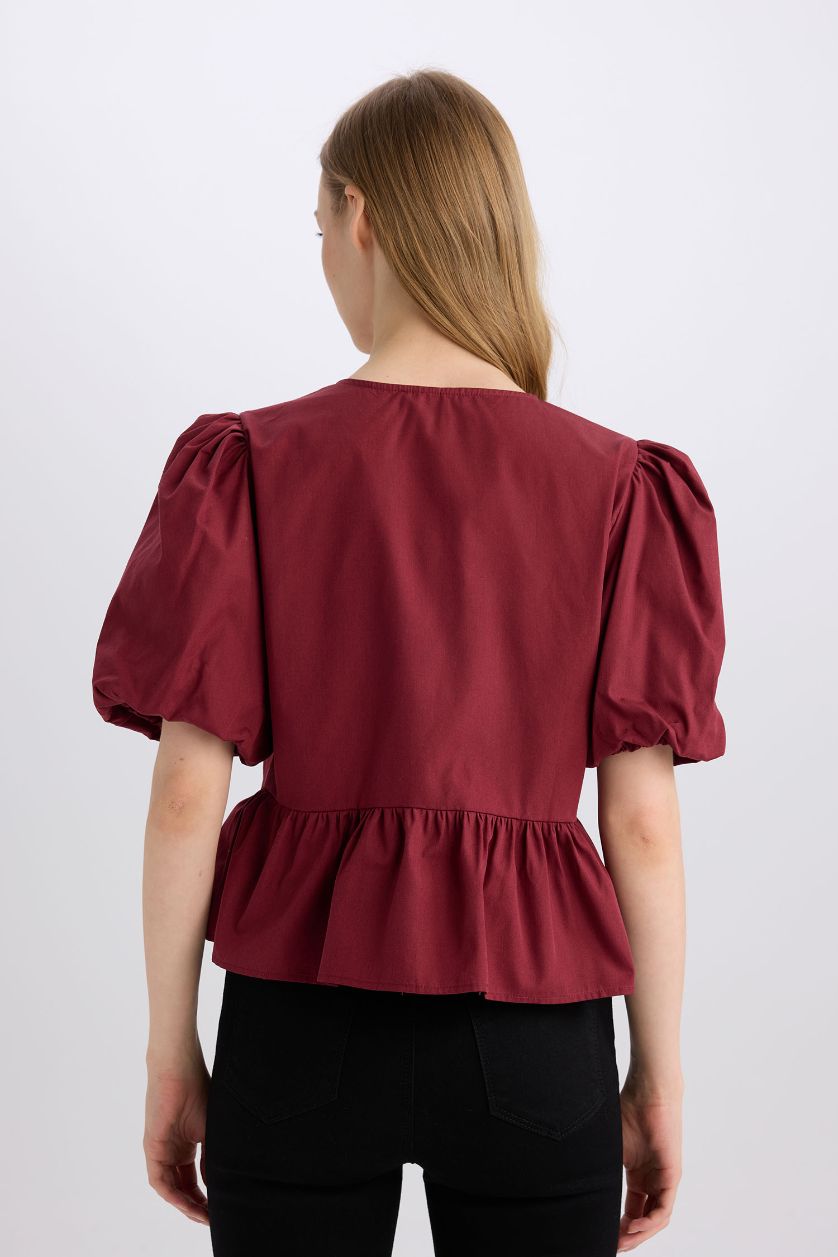 نساء خمري بلوزة نص كم قصة عادية برقبة مدورة