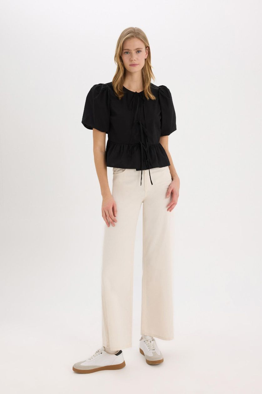 WOMAN Black Crew Neck Short Sleeve Blouse