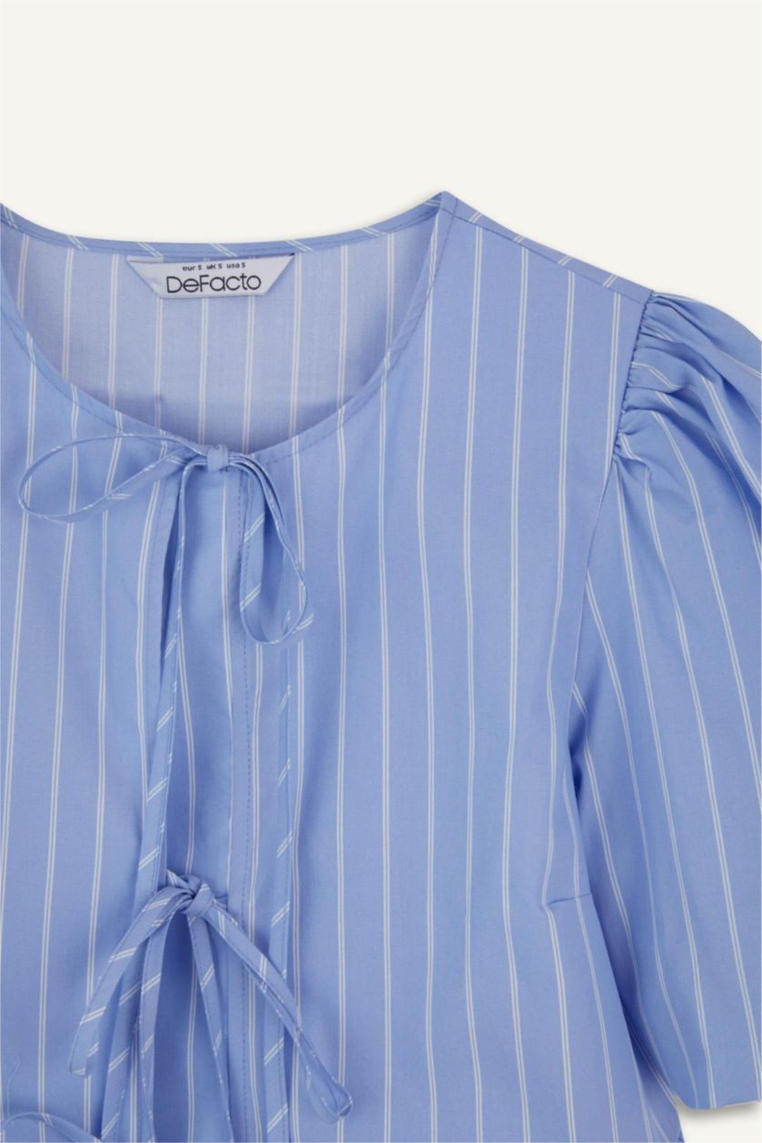 نساء أزرق بلوزة مخططة نص ردن مطبوع قصة عادية بياخة مستديرة