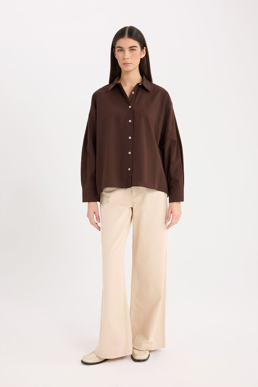 FEMME Marron Chemise Oversize à Manches Longues Basique en Popeline