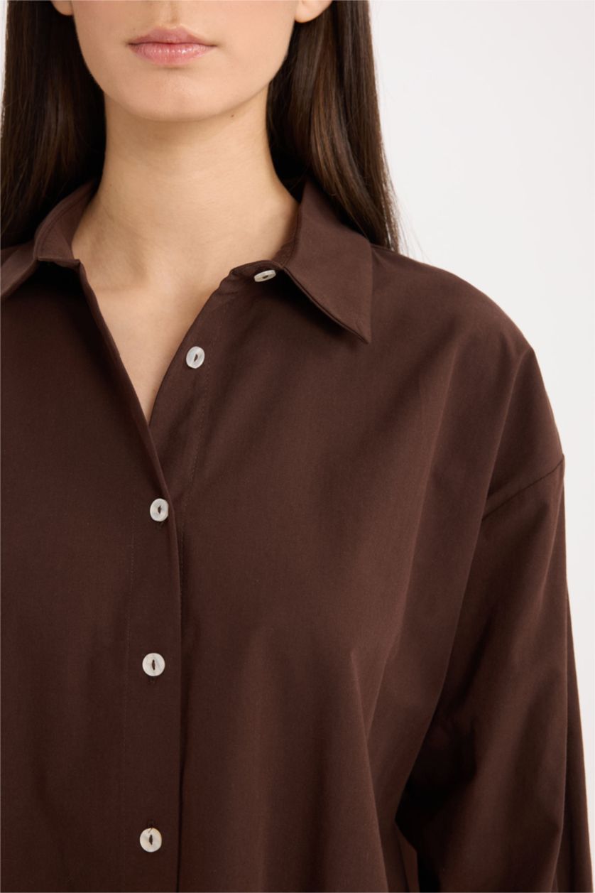 FEMME Marron Chemise Oversize à Manches Longues Basique en Popeline