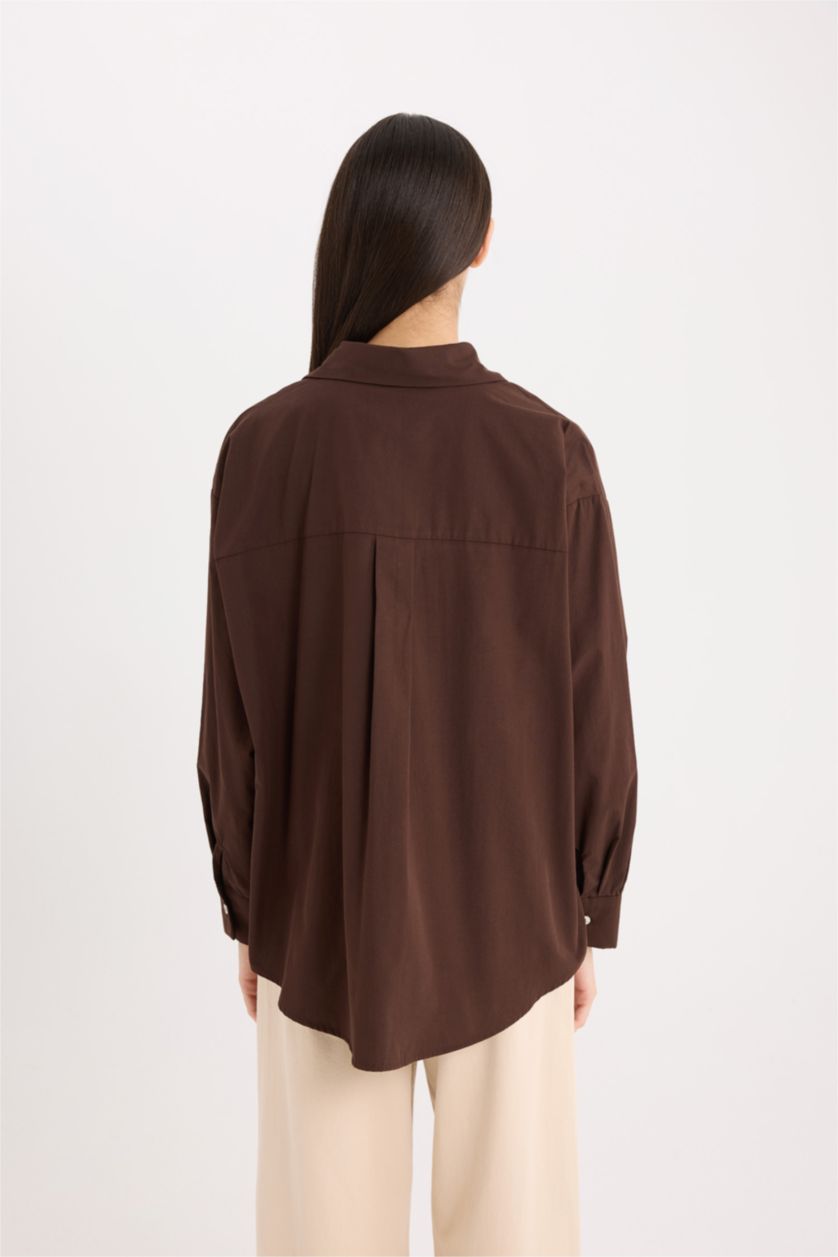 FEMME Marron Chemise Oversize à Manches Longues Basique en Popeline