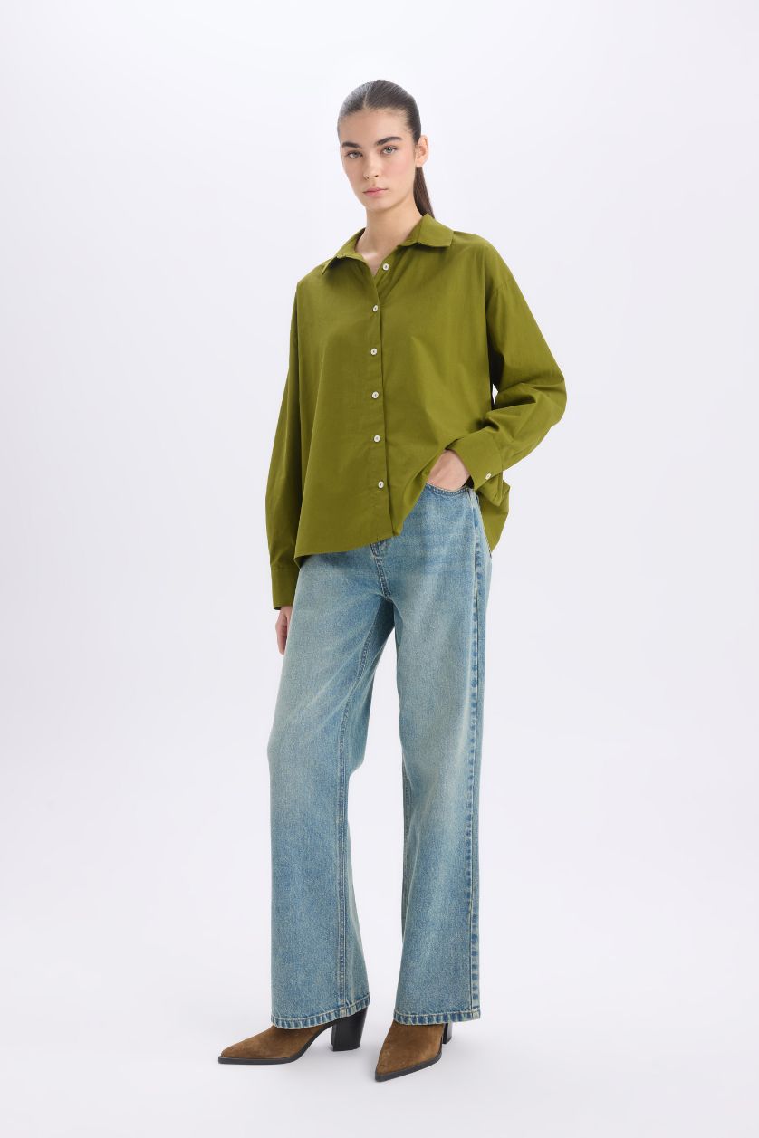 Kadın Haki Oversize Geniş Kalıp Poplin Basic Düz Uzun Kollu Gömlek
