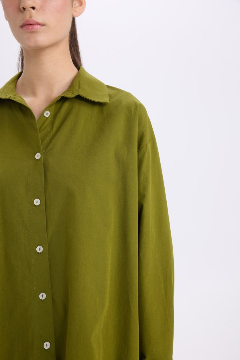 Kadın Haki Oversize Geniş Kalıp Poplin Basic Düz Uzun Kollu Gömlek