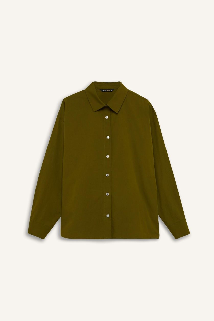 Kadın Haki Oversize Geniş Kalıp Poplin Basic Düz Uzun Kollu Gömlek