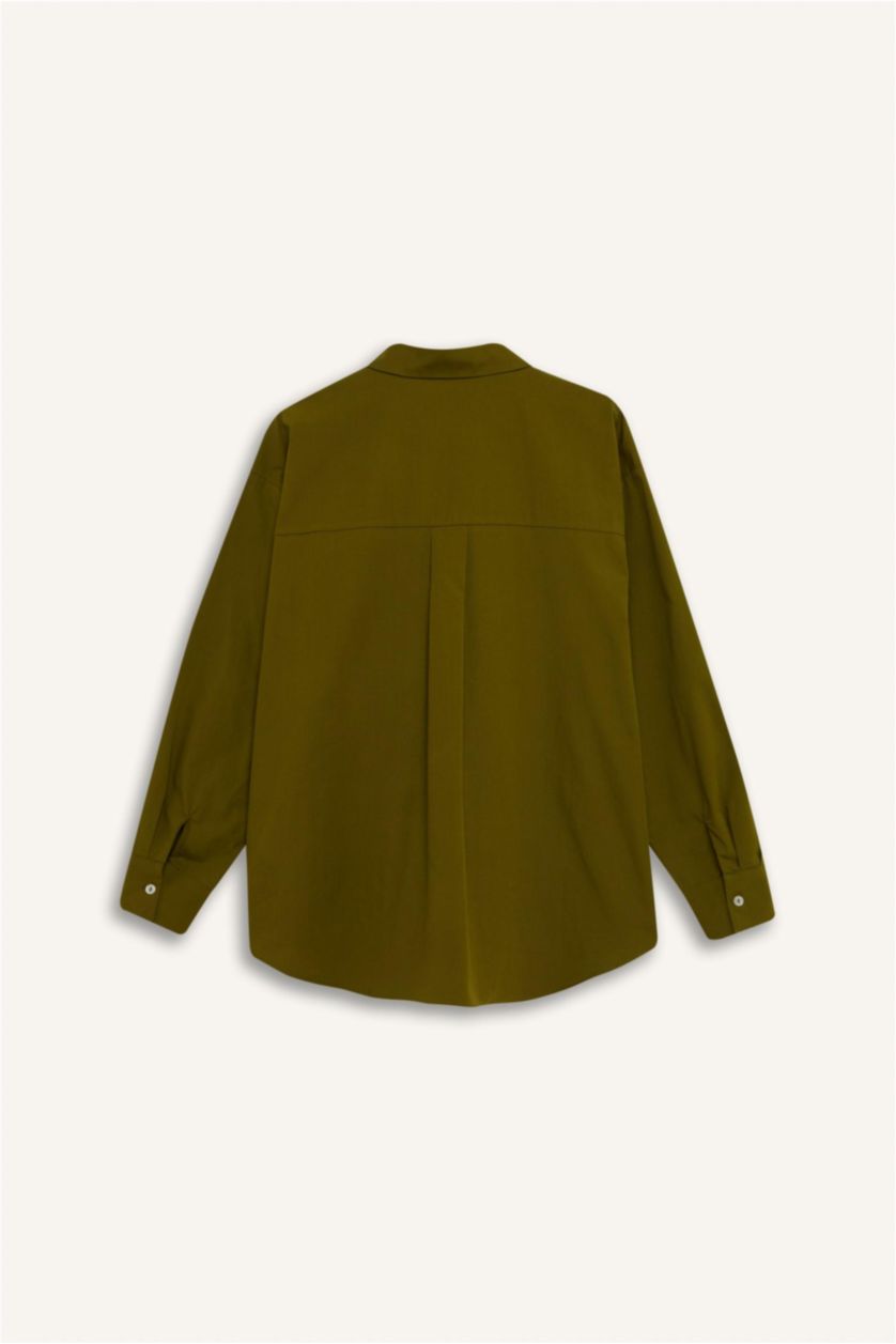 Kadın Haki Oversize Geniş Kalıp Poplin Basic Düz Uzun Kollu Gömlek