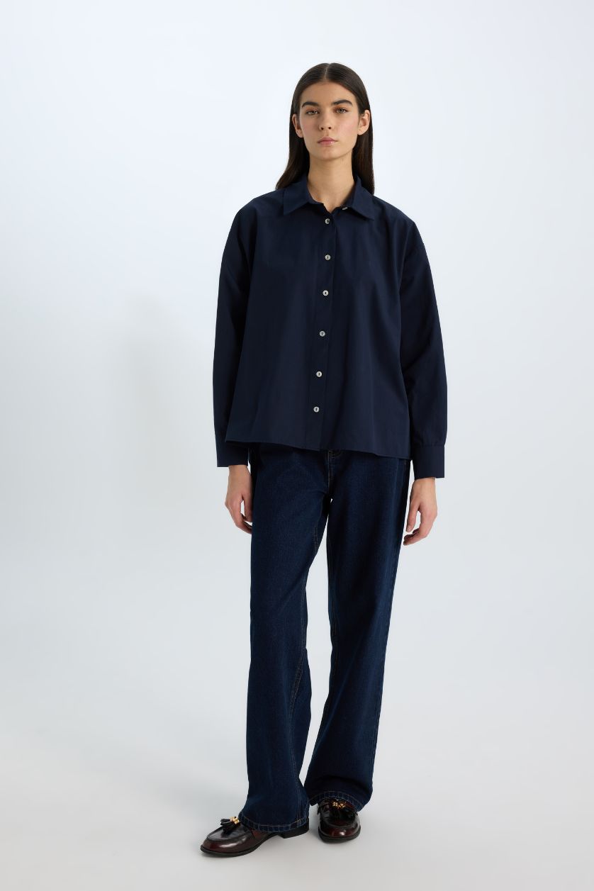 FEMME Marin Chemise Oversize à Manches Longues en Popeline