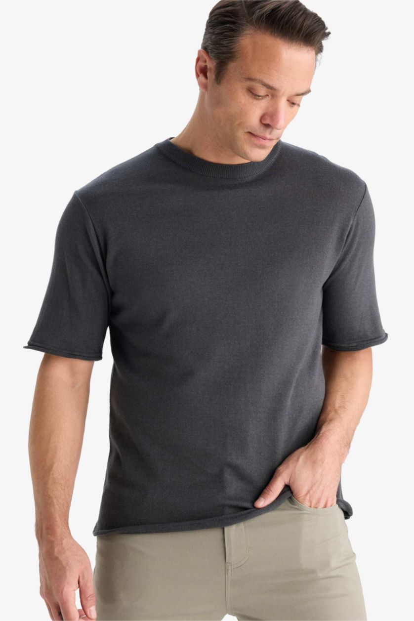 HOMME Anthracite T-shirt oversize en tricot à col rond et manches courtes