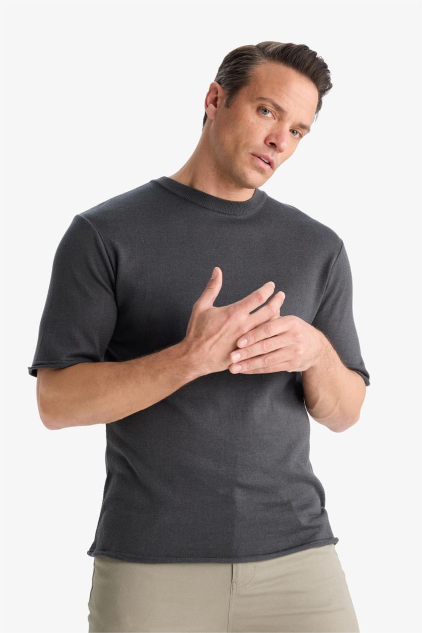 HOMME Anthracite T-shirt oversize en tricot à col rond et manches courtes