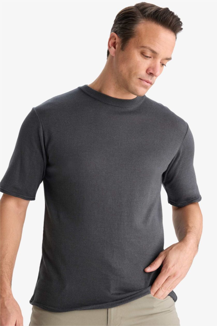 HOMME Anthracite T-shirt oversize en tricot à col rond et manches courtes