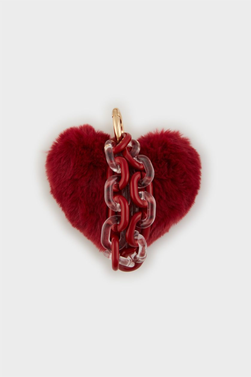 Kadın Lila Büyük Kadın Kırmızı Ponpon Kalp Detaylı Charm Anahtarlık